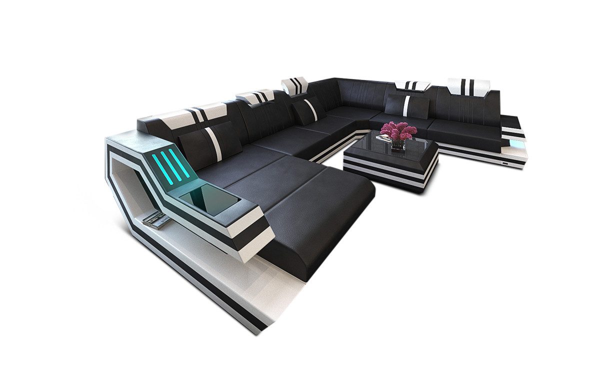 Sofa Dreams Wohnlandschaft Sofa Leder Ledercouch Ravenna XXL U Form Ledersofa, Couch, mit LED, wahlweise mit Bettfunktion als Schlafsofa, Designersofa