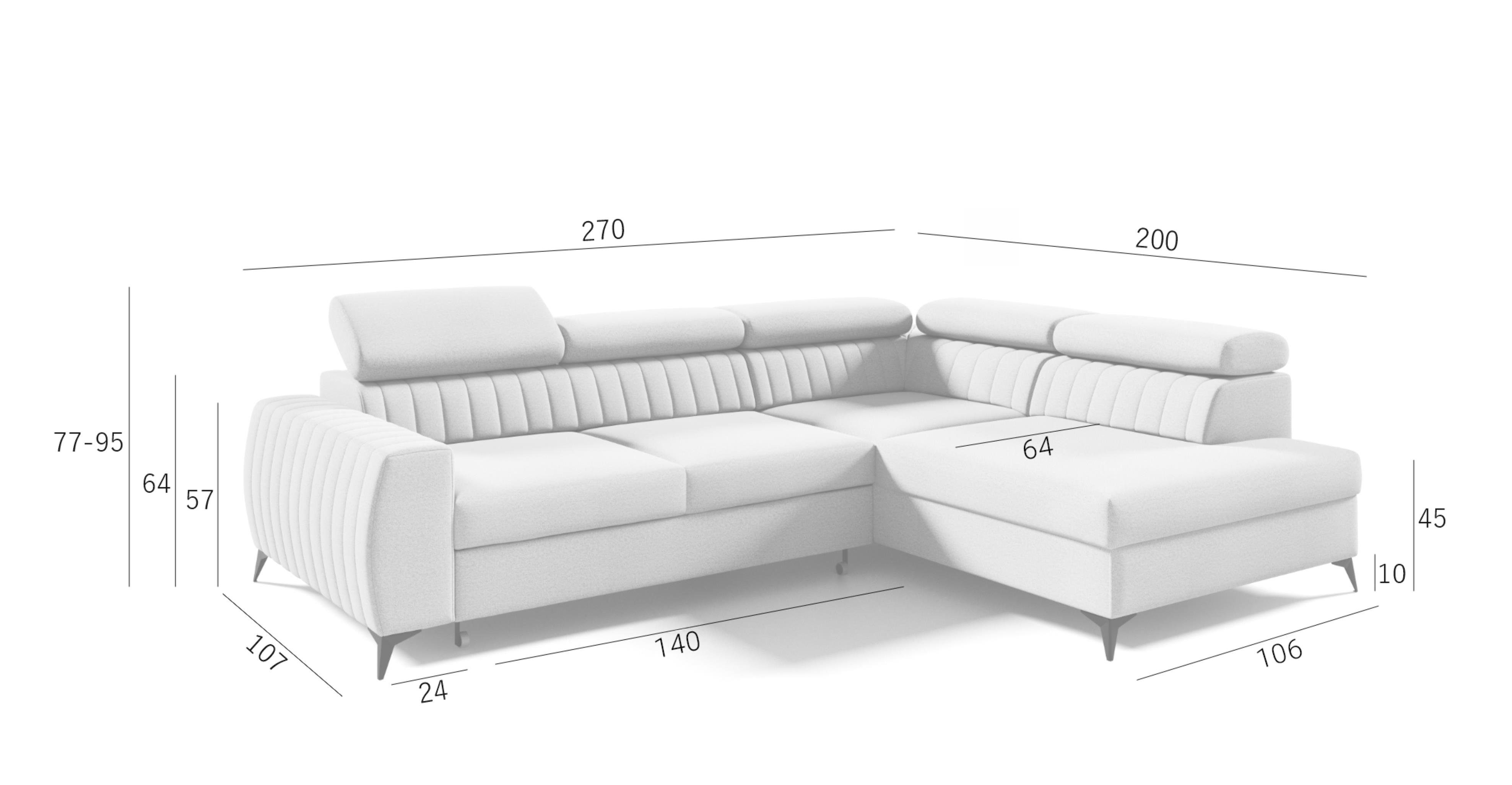 EL17 x Sofa Auswahl, x Maße: x B270 cm Furnix Ecksofa Polstercouch MEGGIE H95 Schlaffunktion T200 130 Bettkasten mit Creme Liegefläche: 204 cm,
