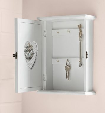 Dekoleidenschaft Schlüsselkasten »"Silver Heart" aus Holz, weiß, im Landhaus-Stil, Schlüsselschrank« (1 St), mit 6 Haken, dekoriert mit silbernen Herzen