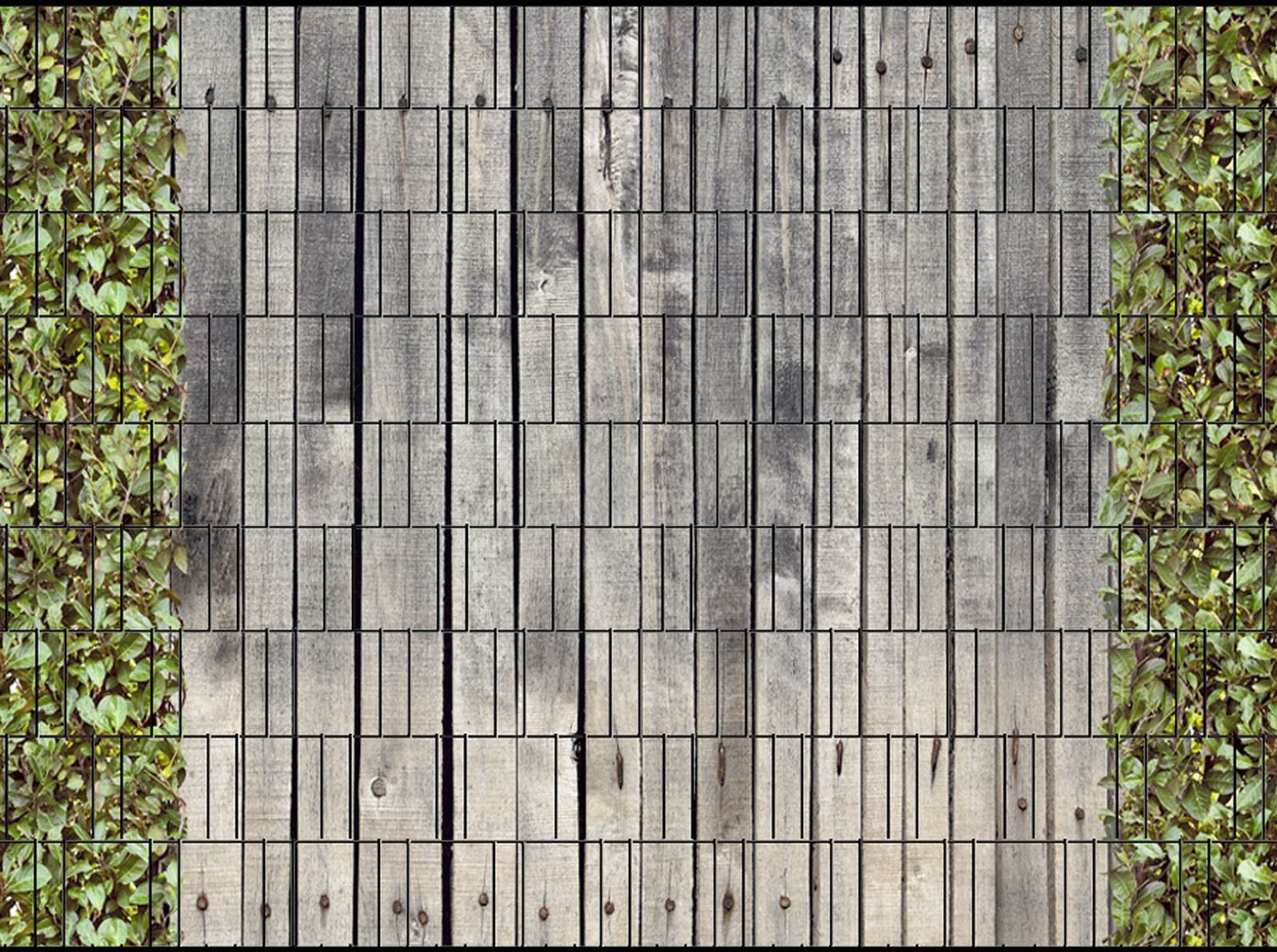 zaunzu Sichtschutzstreifen Holzwand & Kirschlorbeer - Bedruckter Sichtschutz 2,5m x 1,8m, (1 Rolle, Motivdruck Sichtschutzstreifen), Fotodruck für Doppelstabgitter