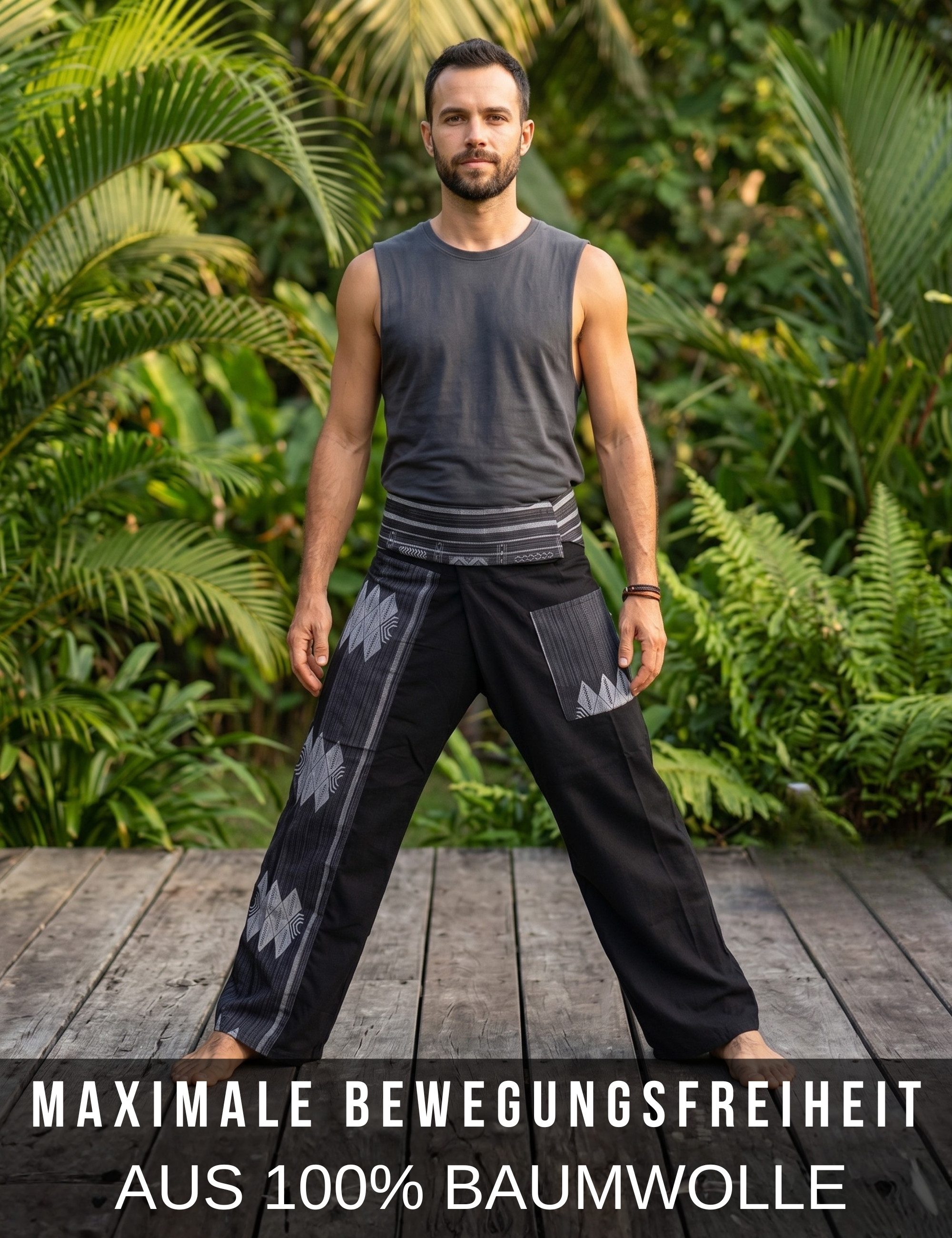 PANASIAM Wellnesshose Thai Fischerhose aus Baumwolle - bequeme Unisex Wickelhose - Yogahose mit Webmuster - Sommerhose Flexible Weite auch in Langgröße bis 1,90 m