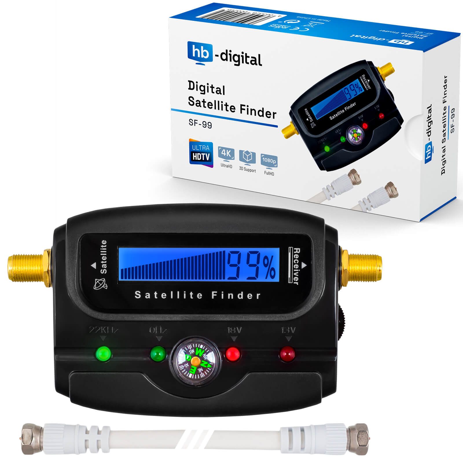 HB-DIGITAL Satfinder Digital SF-99 LCD Display Kompass Ton schwarz, Einfach per Anschlusskabel zwischen LNB und Receiver geschaltet.