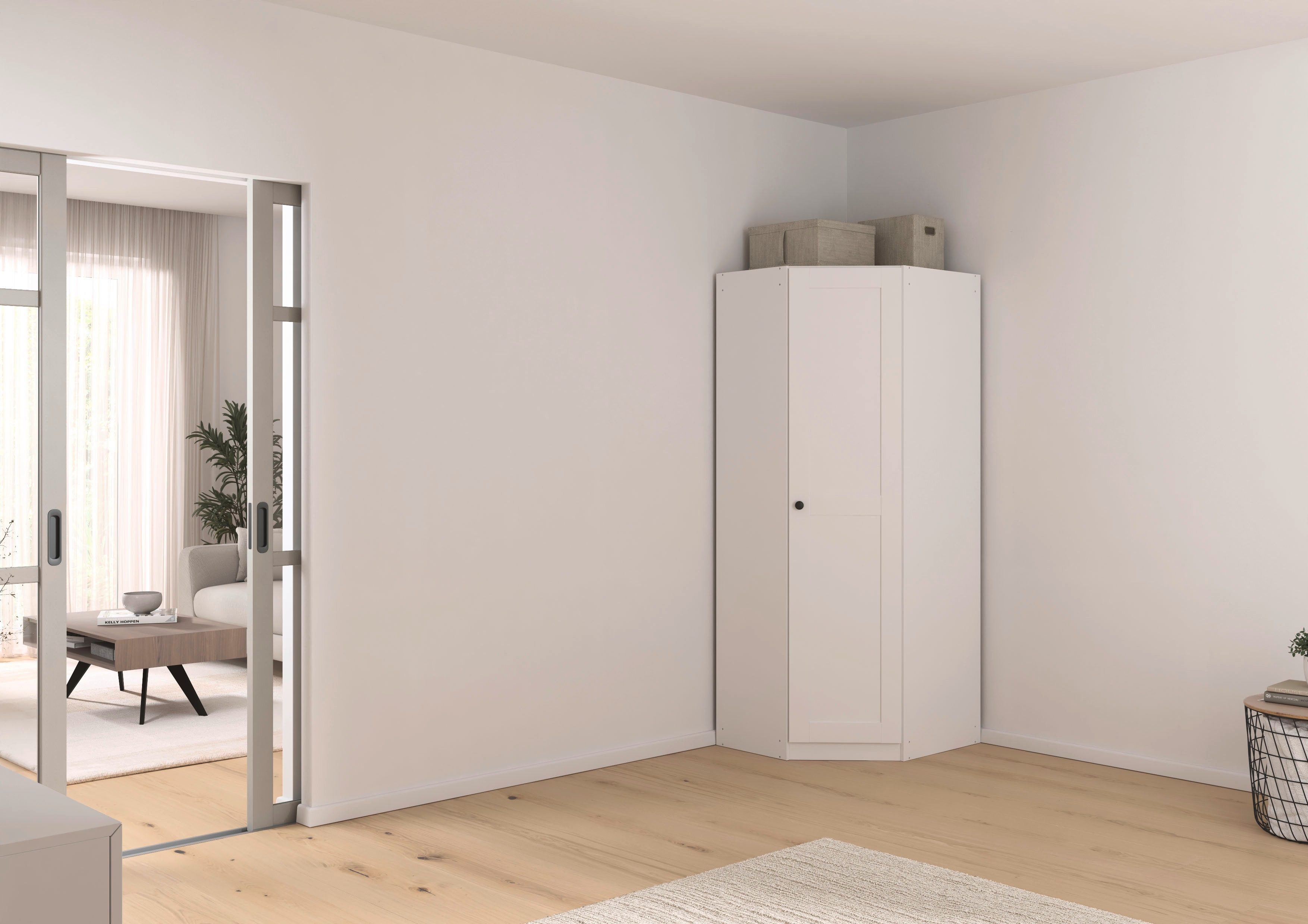 rauch Eckkleiderschrank Kleiderschrank Schrank Garderobe Ankleide Eckschrank YLVA (Schenkelmaß: 85x72 cm, Höhe 197 cm) skandinavischer Style mit Rahmenfront und Knopfgriff MADE IN GERMANY