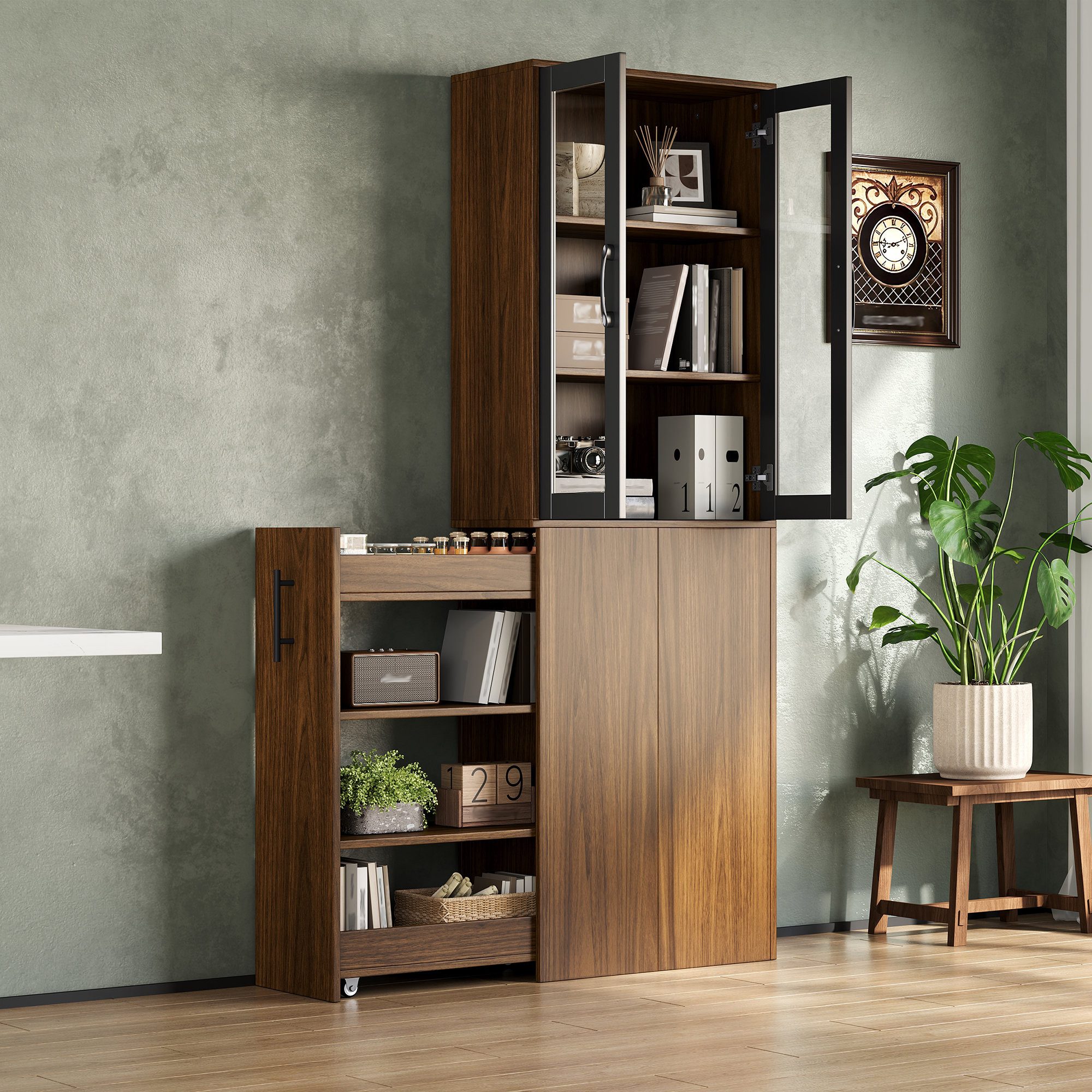 Odikalo Hochschrank Küchenregal Sideboard mit Glastüren ausziehbarem Vorratswagen (Nischenschrank Küche 60×30×180 cm, schmaler Hochschrank mit Glastüren und ausziehbarem Vorratswagen, 4 Ebenen Küchenregal mit Rollen, Slim Storage Cabinet für Küche, Wohnzimmer und Esszimmer)