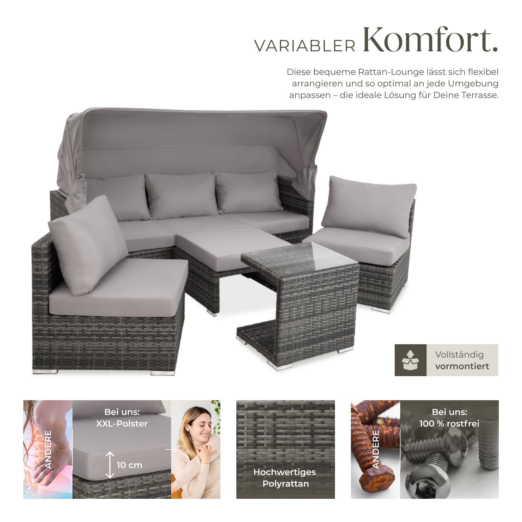 tectake Loungeset Rattan Sitzgruppe mit Sicherheitsglasplatte, für 5 bis 6 Personen, (Gartenlounge-set San Marino, 7-tlg., geeignet für Outdoor in Grau), wetterfest und UV-beständig, Dicke der Polster 10 cm