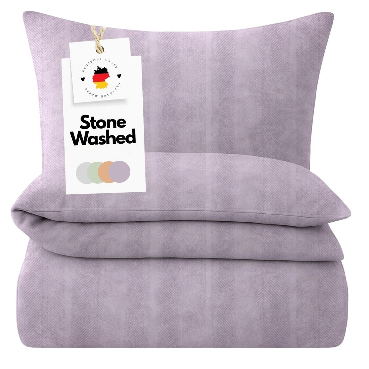 Carpe Sonno Bettwäsche Stone Washed 135 x 200 155 x 220 Baumwoll Bettwäsche Streifen Renforce, Renforcé, 2 teilig, OEKO TEX Bettbezug Set mit Reißverschluss 155x220 Lila