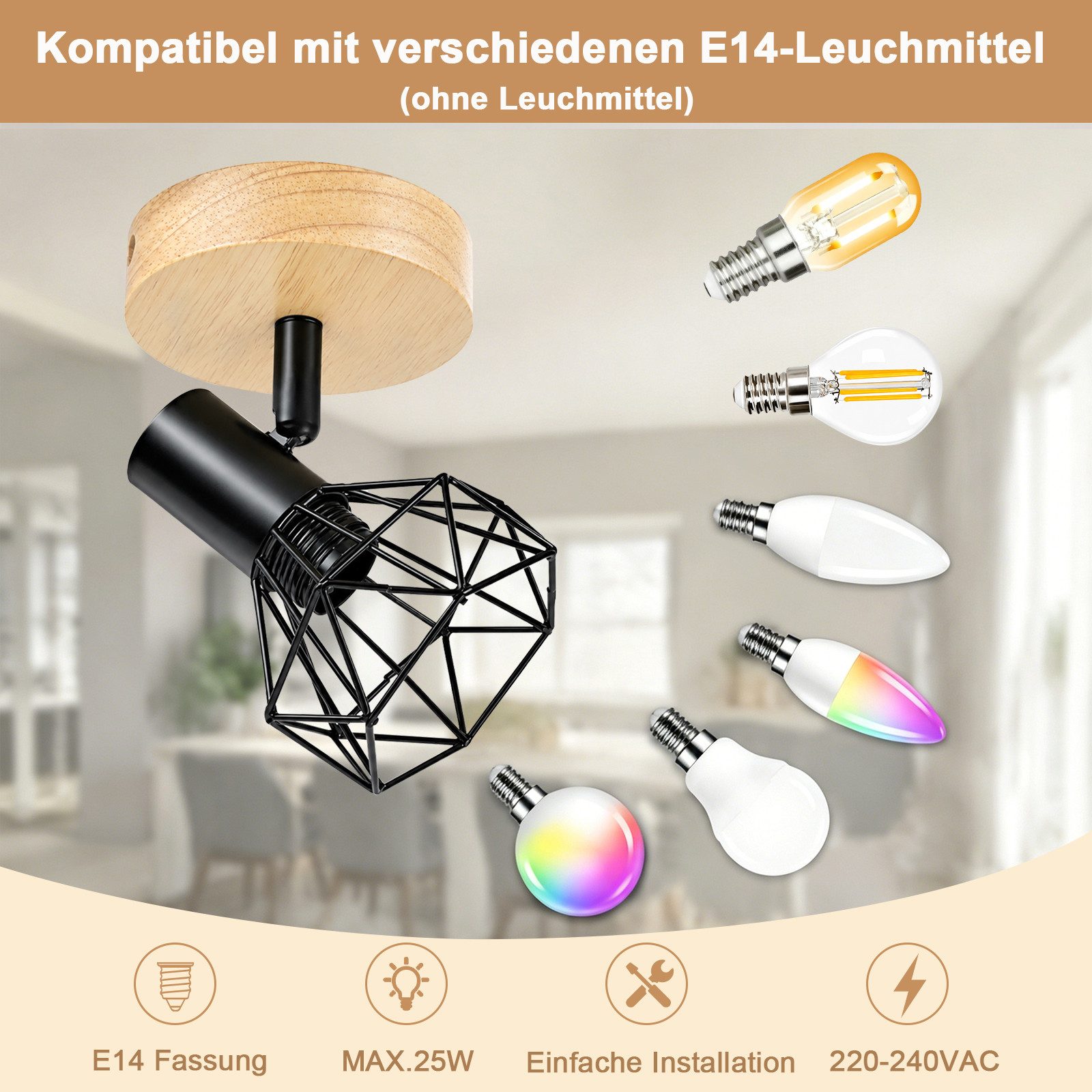 Nettlife Deckenstrahler Retro schwarz 1/2/3/4flammig Holz E14 industrieller Vintage Deckenspot, ohne Leuchtmittel, für Flur Küche Wohnzimmer Retro Deckenleuchte Schlafzimmer