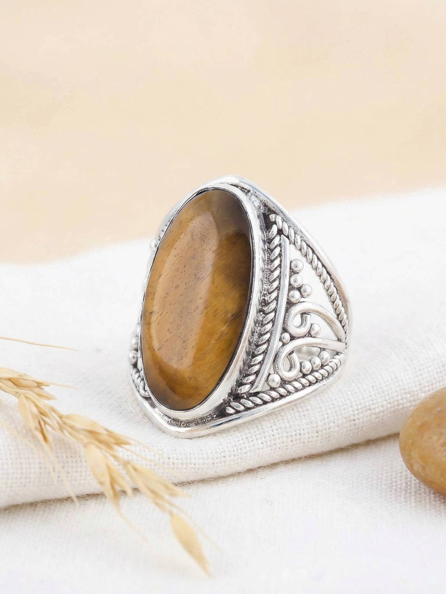 mantraroma Silberring DAHAB oval groß aus 925 Silber mit Tigerauge (Ring mit Schmuckbeutel), Damenring aus 925er Silber