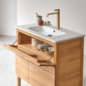 Tikamoon Waschtisch Easy Badezimmermöbel aus massiver Eiche und Keramik 80 cm