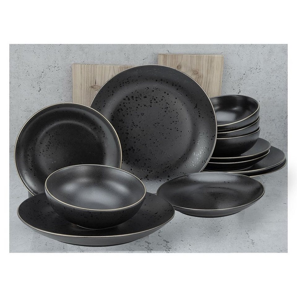 CreaTable Teller-Set Geschirr-Set Industrial (12-tlg), 4 Personen, Steinzeug,  Service, schwarz, Goldrand, 12 Teile, für 4 Personen, für die festliche  Tafel und für den Daily Use geeignet