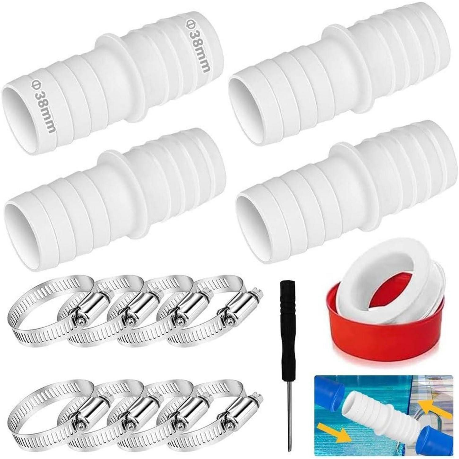 LuxusKollektion Entwässerungsrinne Poolschlauchadapter 38mm 4er 8 Schlauchschellen PTFEBand Weiß C