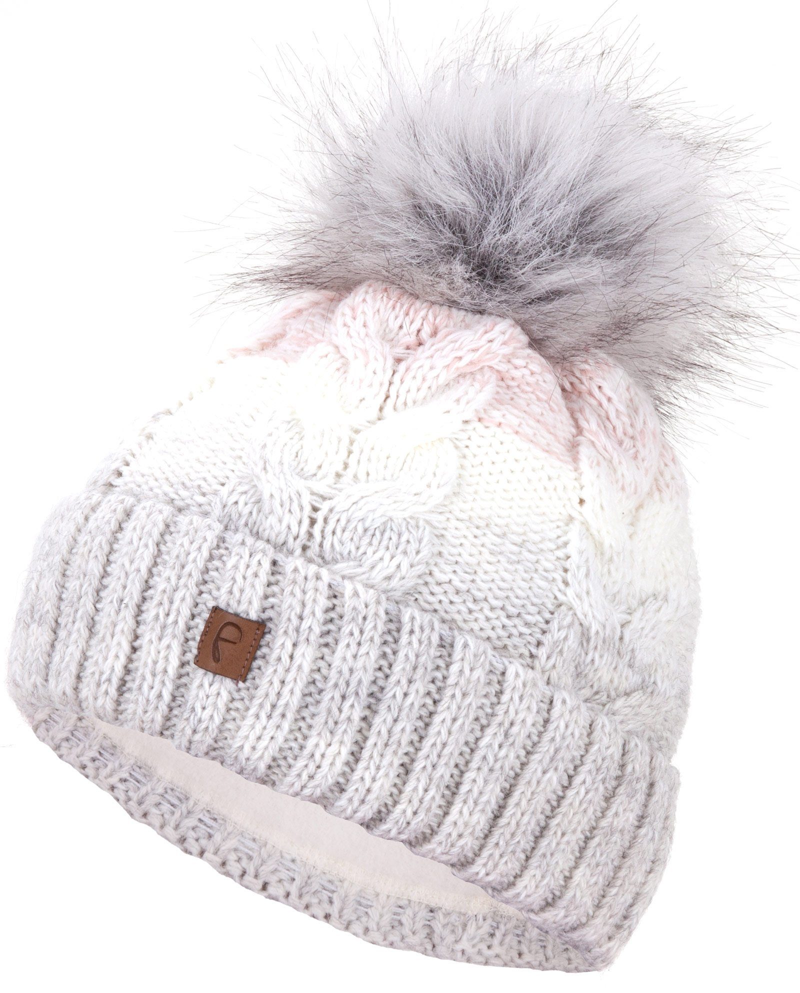 Haube Strickmütze Winter Faera Bommelmütze weiß Wintermütze Beanie gefüttert Damen Mütze