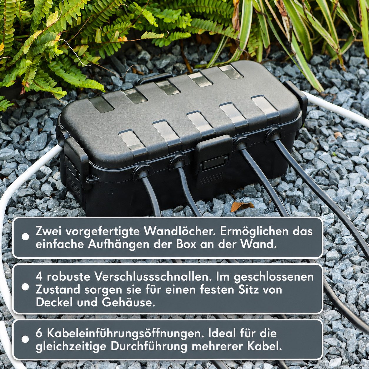 AIMAX Kabelbox IP54 für Außenbereich, 29 x 13,2 x 10 cm, 6 Kabelöffnungen, Outdoor Kabelschutzbox für Steckdosenleisten und Verlängerungskabel – Bild 4 von 5
