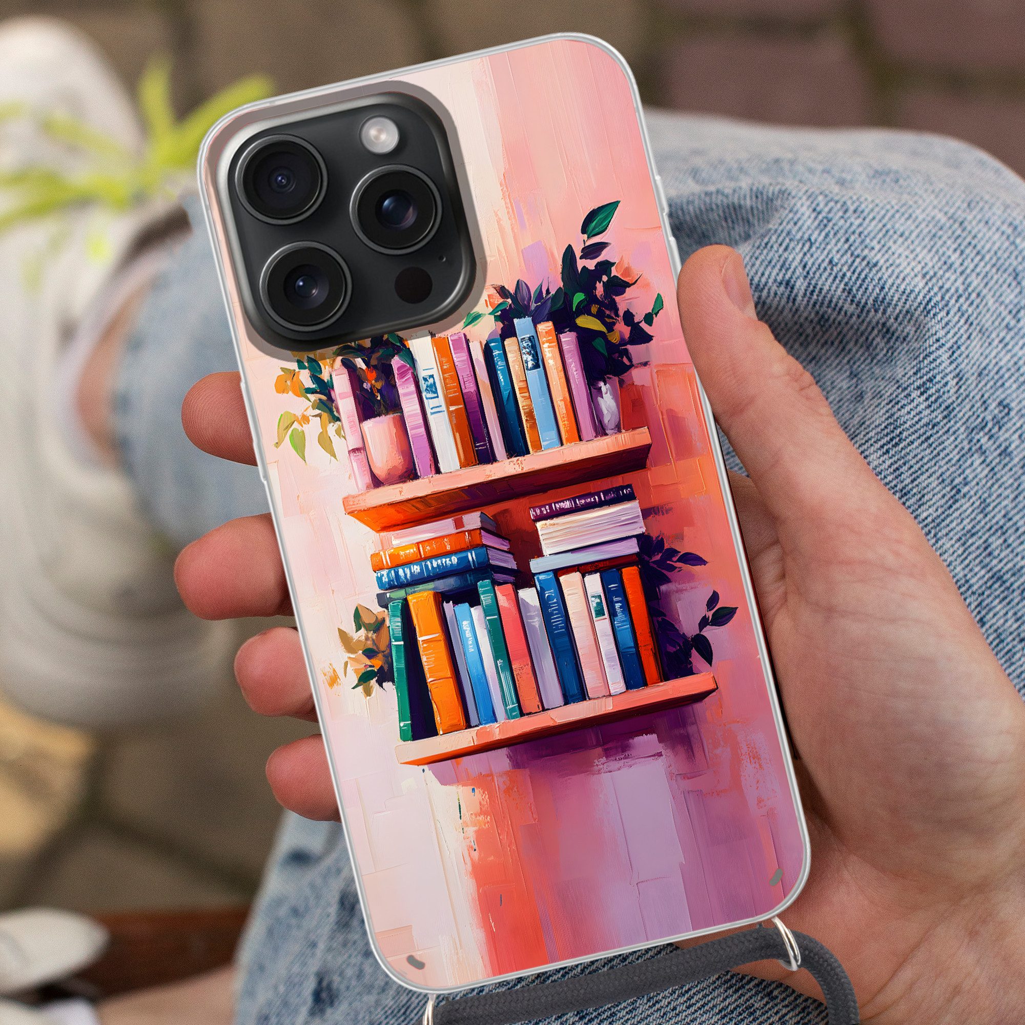 MuchoWow Handyhülle für Apple iPhone 15 Pro Max Regale - Bücher - Blätter, Tragbare Handyhüllen mit Kette zum umhängen, Handykette Handyband