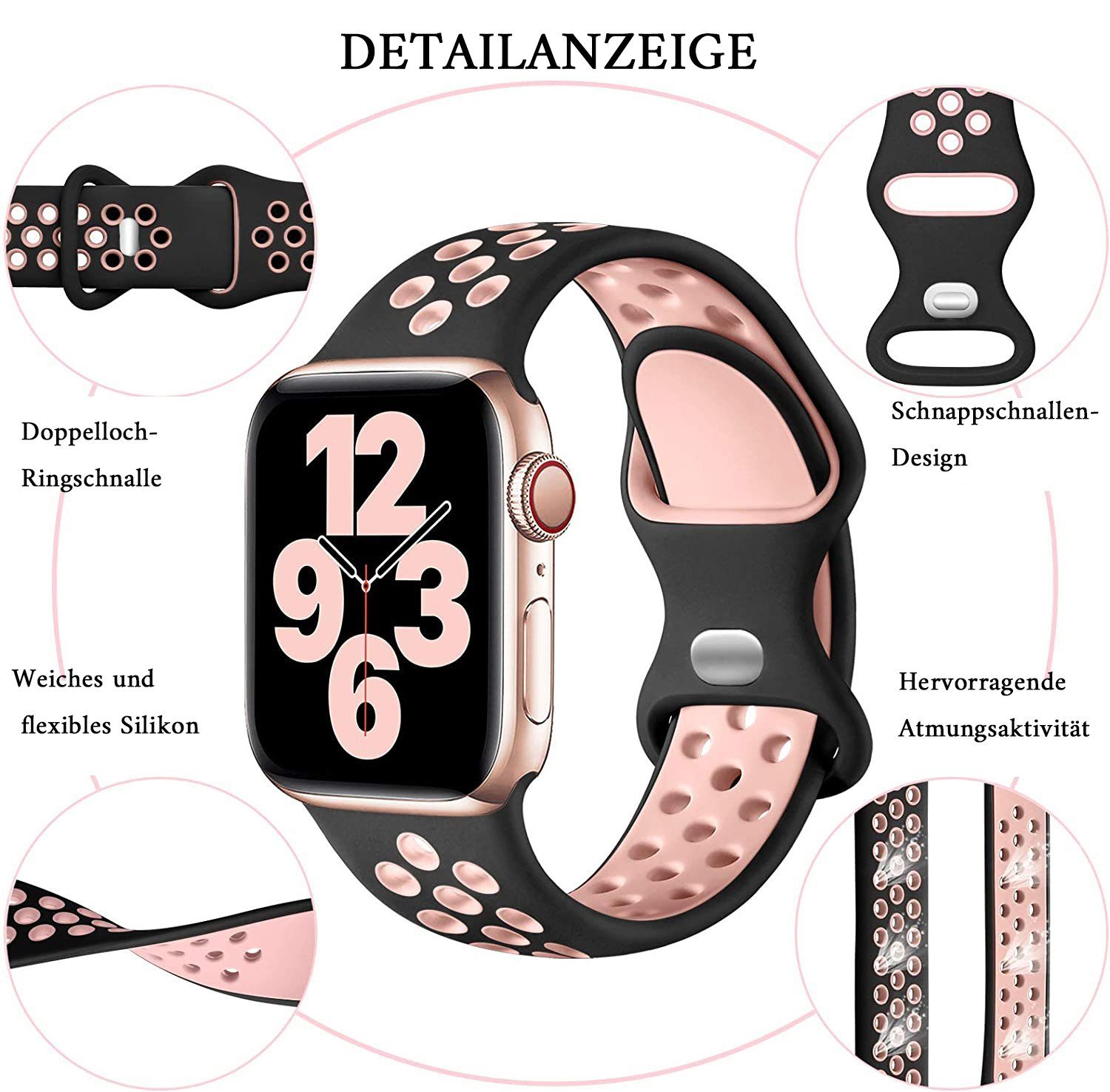 Armband Smartwatch-Armband Kompatibel Silikon Atmungsaktiv Watch schwarz+rosa GelldG Armband Apple mit Sport