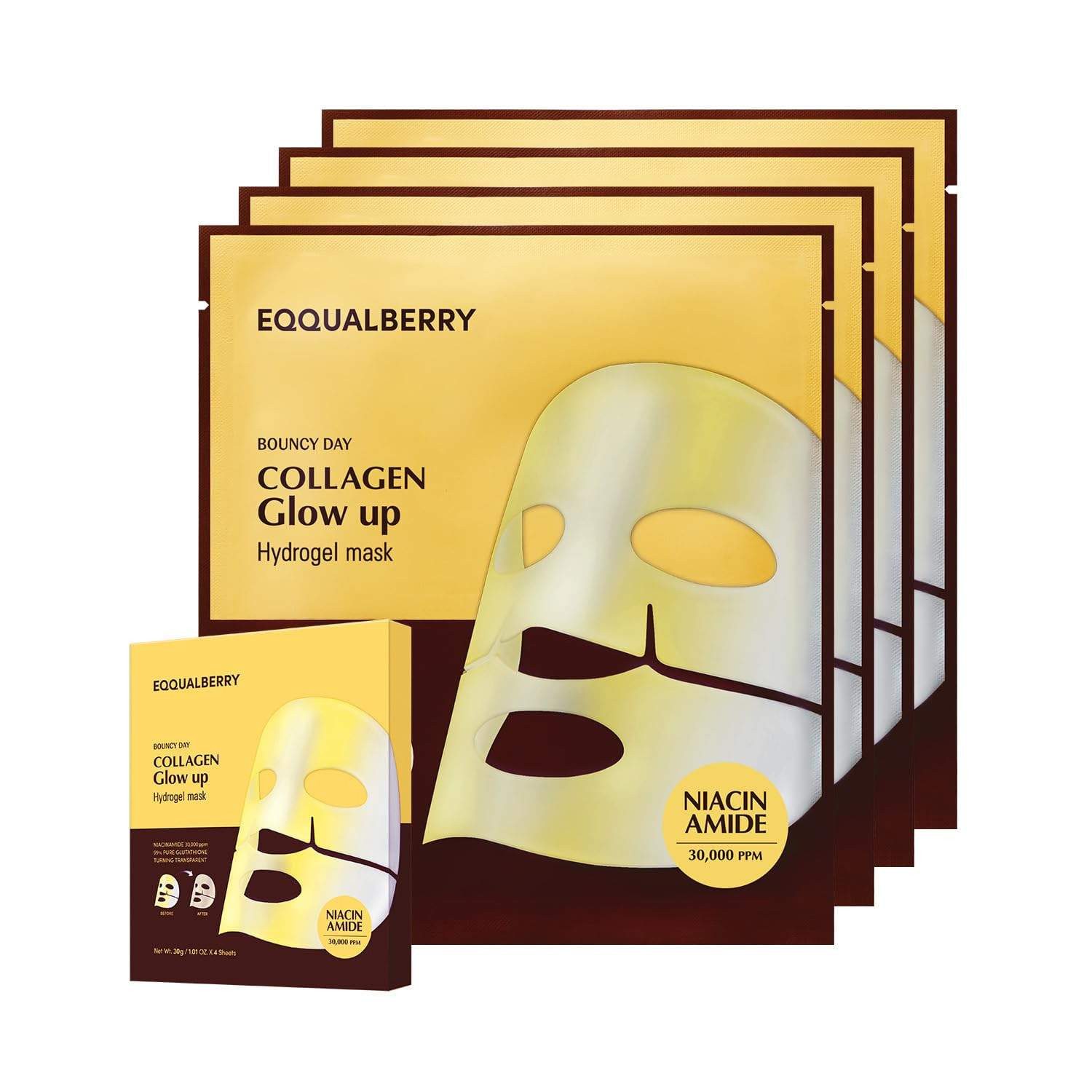 Eqqualberry Gesichtsmaske Collagen Glow Up Hydrogel Maske 4x30g – Aufhellende Gesichtsmaske mit Niacinamid, Glutathion, Kollagen & 10-fach Hyaluronsäure –, Feuchtigkeit, Straffung & Glow in 1 Stunde – parfümfrei