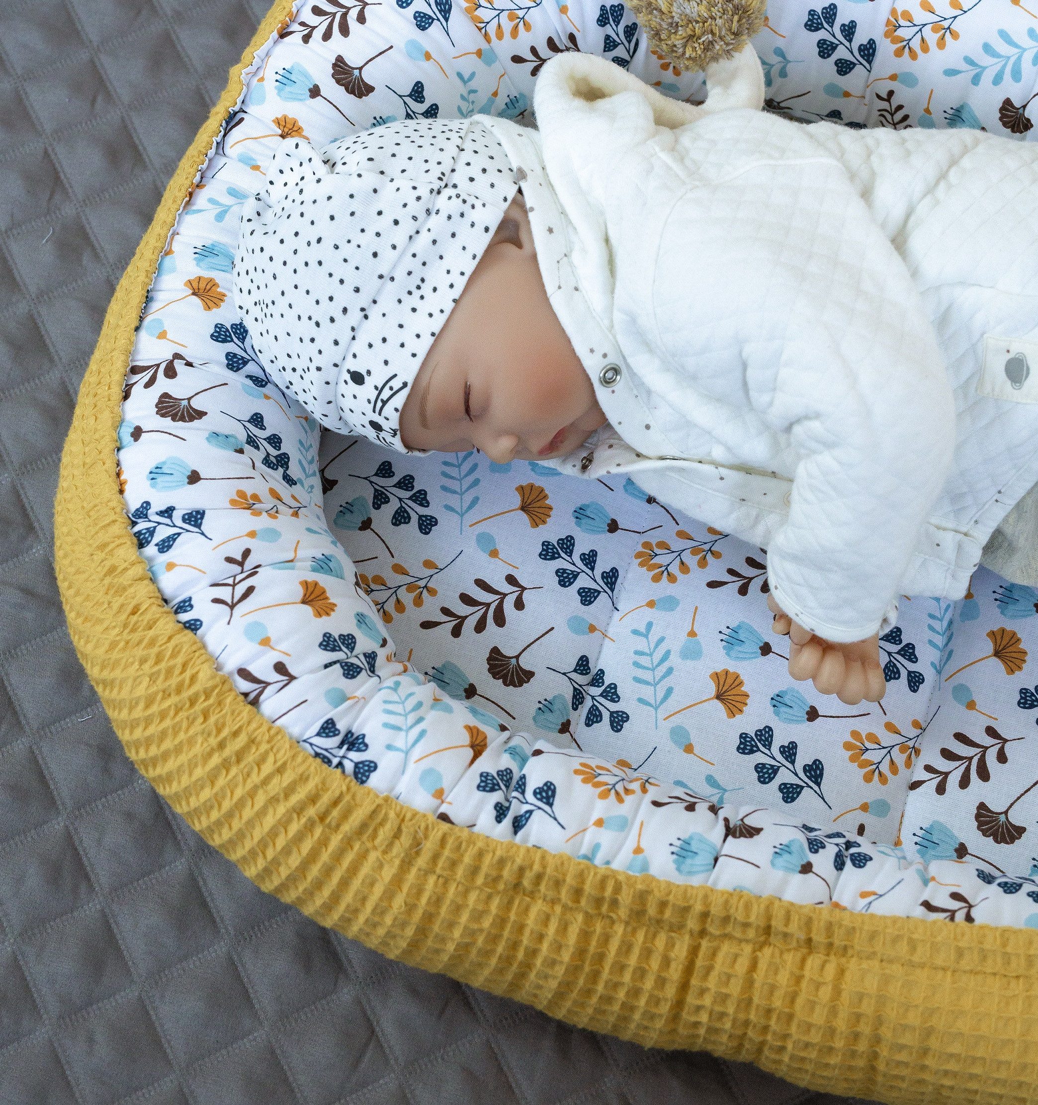 Bettnestchen Senfgelb WAFFELPIQUE/ BLUMEN Türkis Babynest Babyausstattung