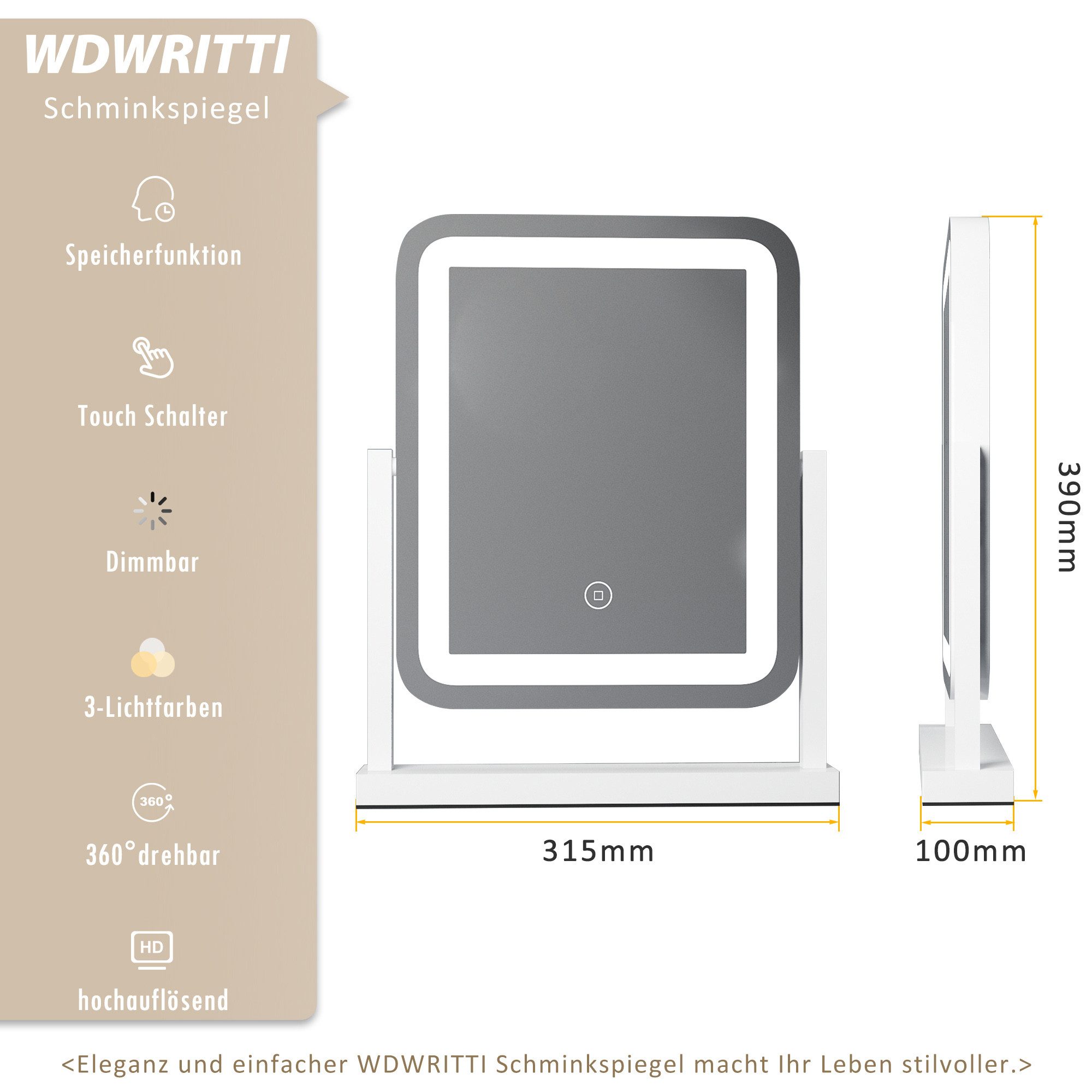 WDWRITTI Spiegel mit beleuchtung Schminkspiegel Kosmetikspiegel (Tischspiegel stehend, 3Lichtmodi, Dimmbar, Speicherfunktion), mit Netzadapter & rutschfeste Pad