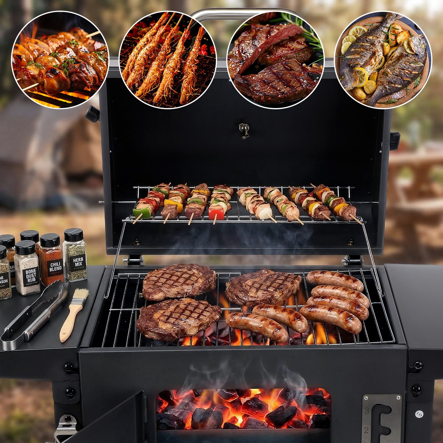 kehot Holzkohlegrill Holzkohlegrill Grillwagen mit Deckel und Grillfläche 45,5x30 cm, BBQ Grillwagen mit 2 Seitenablagen und Ablagegitter unten, Mobiler Holzkohlegrill auf Rollen für Garten Balkon und Camping, Stabiler Outdoor Grill aus lackiertem Stahl mit verchromtem Grillrost
