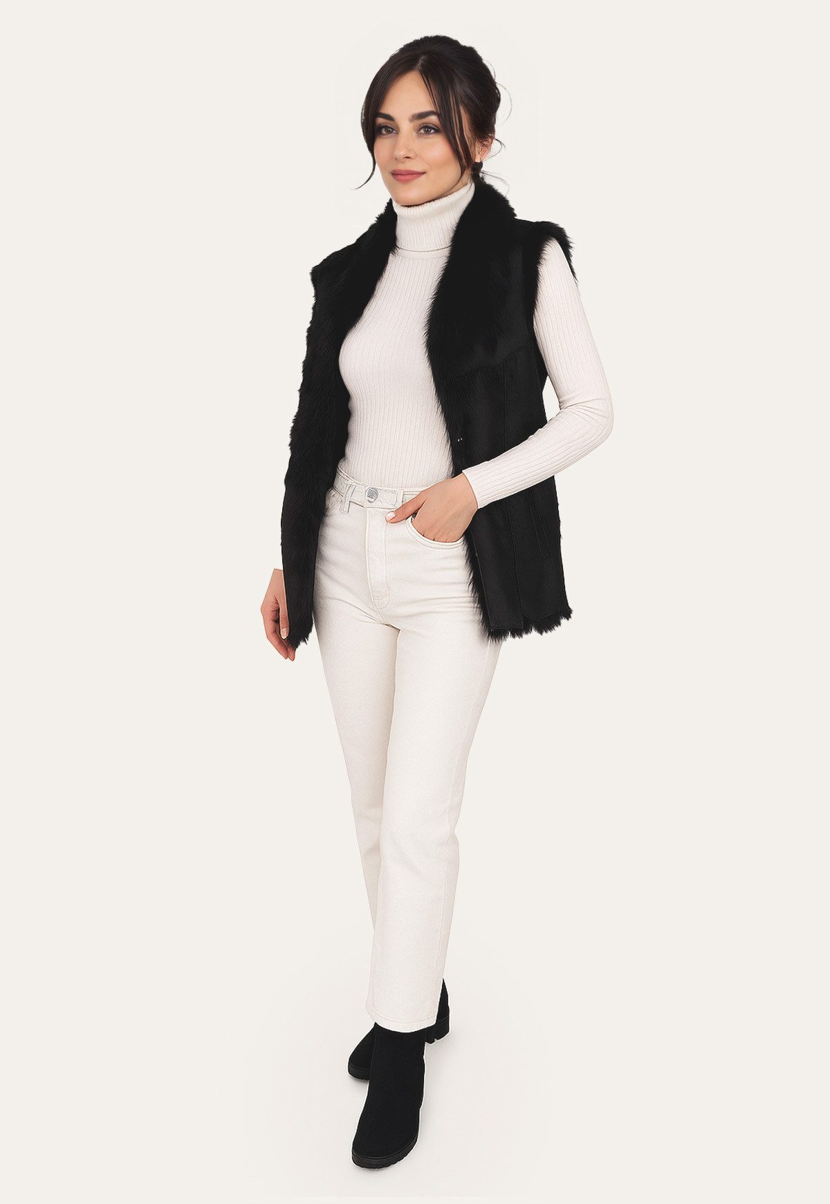 Hollert Fellweste Damen Lammfellweste Chakira Schwarz Lang Echtleder