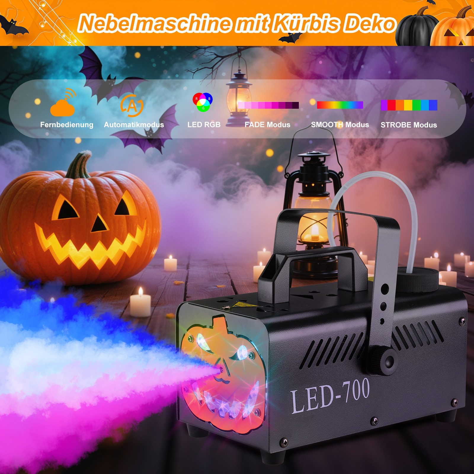 TLGREEN LED Discolicht 500W Nebelmaschine Kürbis Kopf, mit 13 Farben 9 LED Licht, RGB Effekt und Automatik-Sprühfunktion, Fog Rauchmaschine für Halloween, Weihn – Bild 4 von 5
