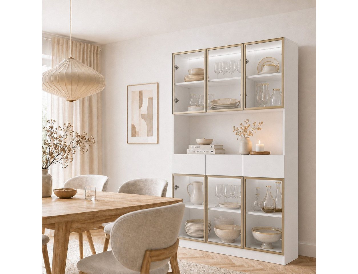 FUFU&GAGA Glasvitrine LED Sammlervitrine 175-200cm hoch, Push-to-Open, Weiß/Schwarz
