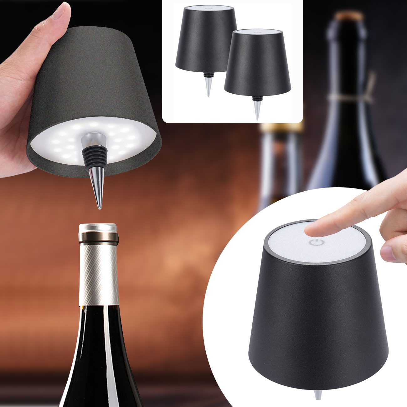 shop'n smile ideoon LED Nachttischlampe Edle Akku Flaschenlampe Schwarz: Dimmbar, 3 Lichtfarben, LEDs mit 3 auswählbaren Lichtfarben, Kaltweiss / Warmweiss / Naturweiss, Verwandelt Flaschen in stimmungsvolle Leuchten