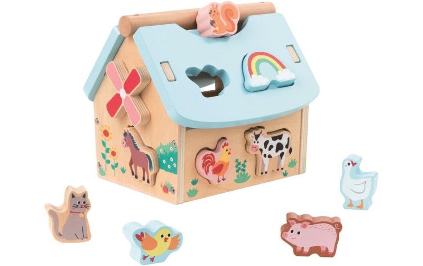 Lelin Lernspielzeug tragbares Holzhaus mit Tieren, Steckspiel mit Holzbausteinen, Klappbares Dach, Griff und Steckspiel