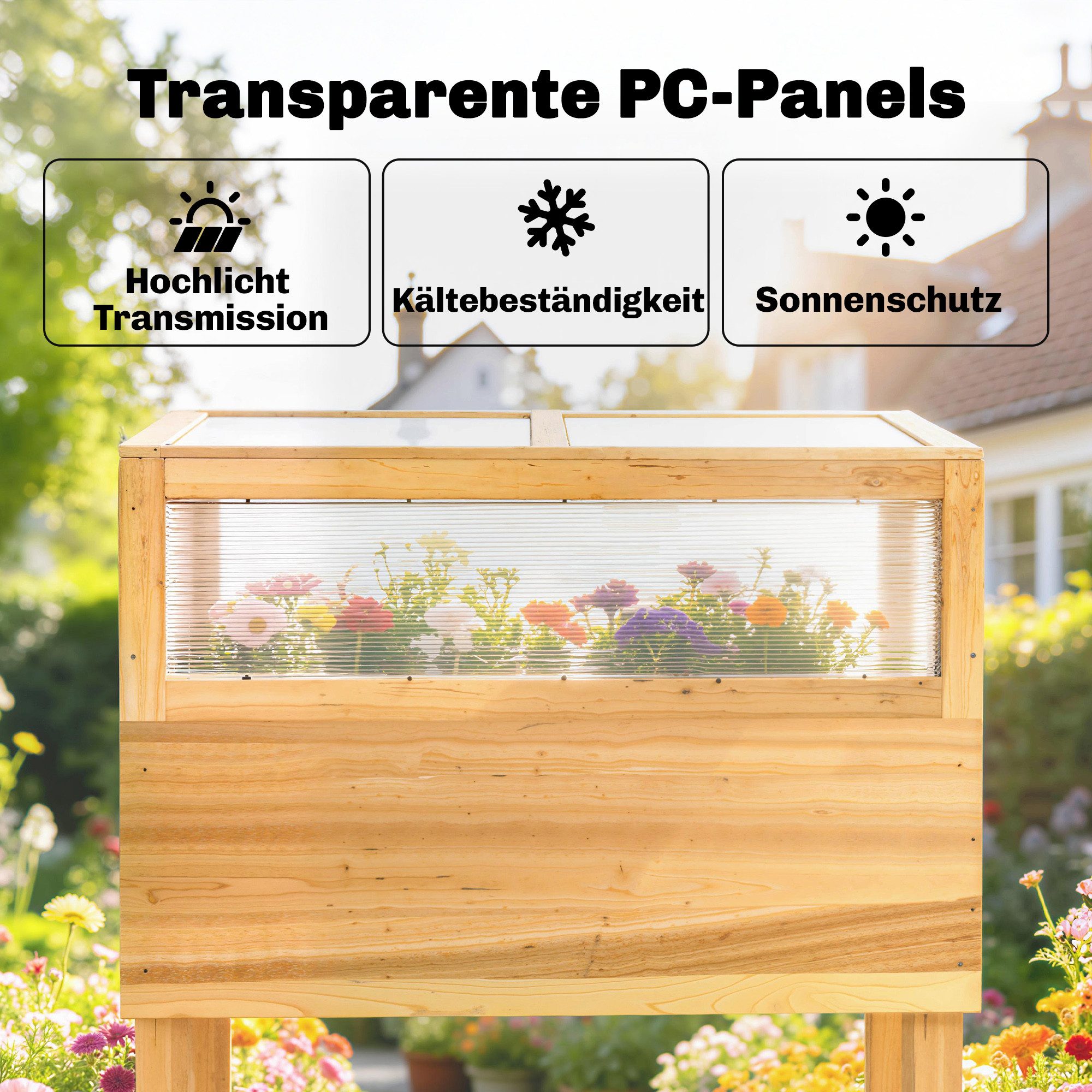 Outsunny Hochbeet Gemüsebeet Blumenkasten aus Holz aufklappbar Abdeckung ergonomisch (Pflanzkasten, 1 St., Frühbeetaufsatz), für Garten Balkon 80x45x108,5cm Nat – Bild 5 von 5