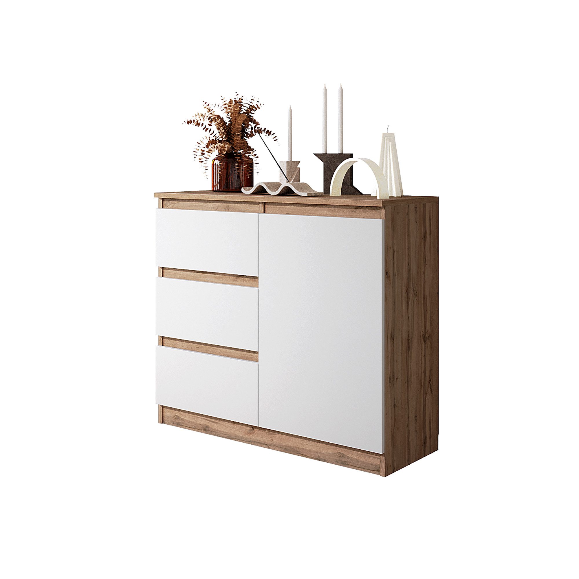 Furnica Kommode Wotan Eiche 80 cm mit 3 Schubladen und 1 Tür - Wohn- und Schlafzimmer