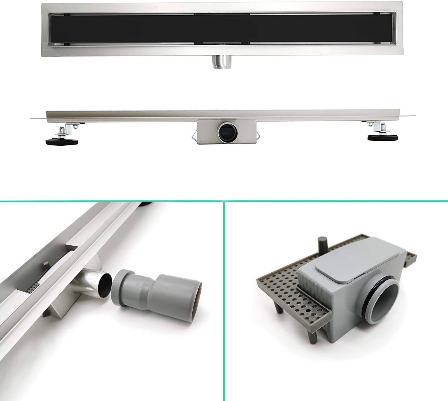 Elbe Duschrinne 60-100 cm, Komplett-Set, Abdeckung der Glasplatte Sockel aus rostfreiem Stahl, Geruchssicher	Korrosionsresistent	Rostbeständig 60 cm