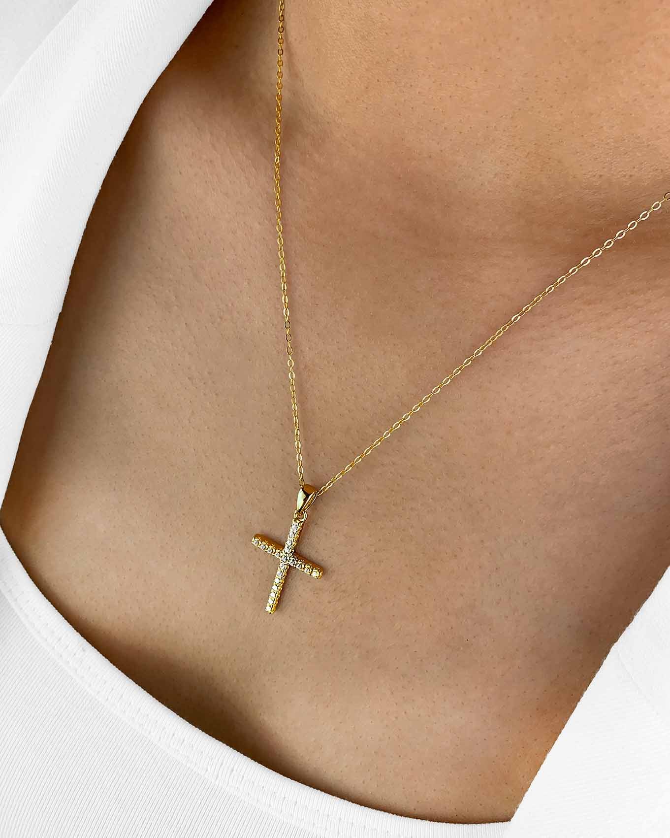 DANIEL CLIFFORD Kreuzkette 'Christabel' Damen Halskette Silber 925 Anhänger Kreuz vergoldet (inkl. Verpackung), filigrane Kreuzkette mit Kristallen besetzt, dezenter Kreuzanhänger
