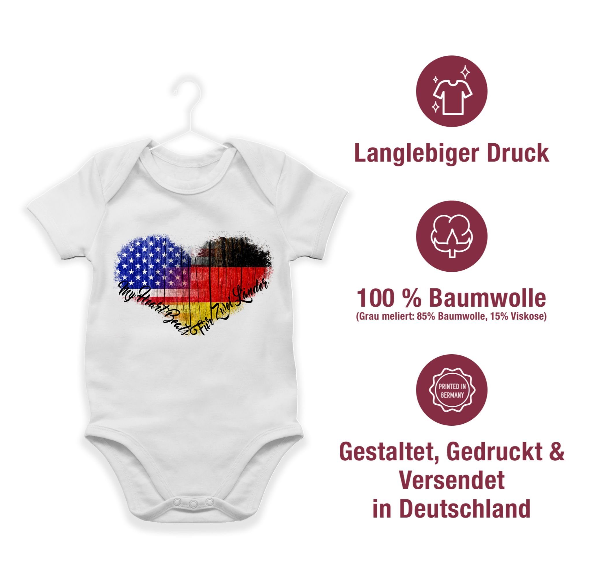 Kinder Mädchen (Gr. 50 - 92) Shirtracer Shirtbody Deutsch-Amerikanische-Flagge-Herz - Flaggen - Baby Body Kurzarm