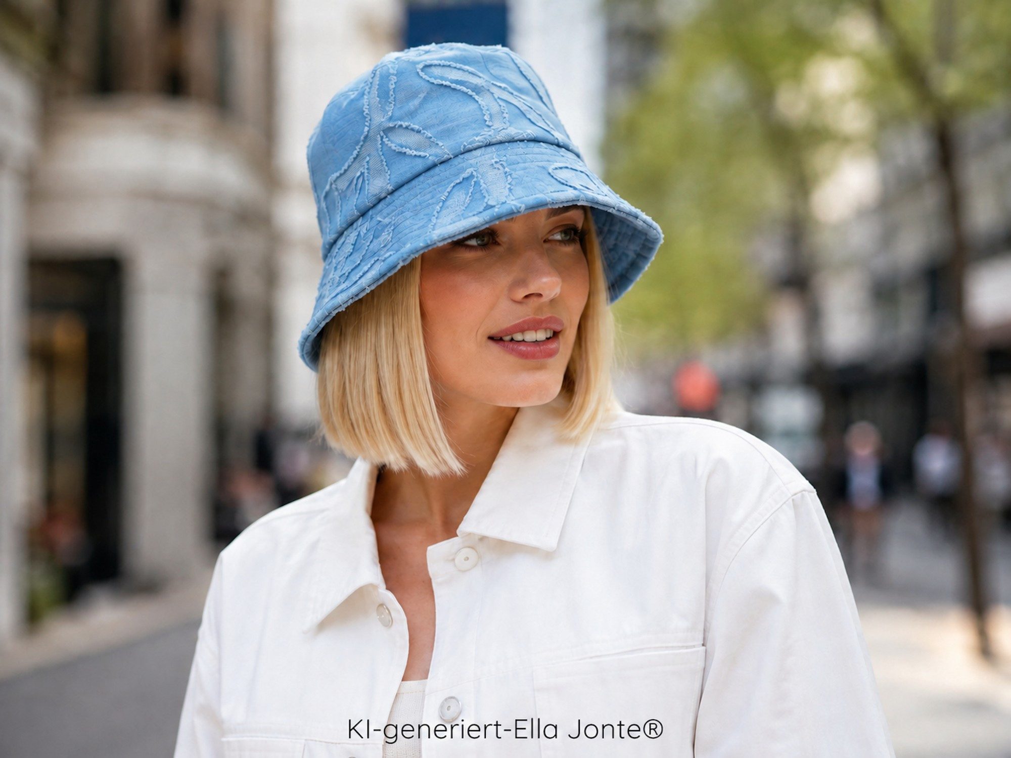 Ella Jonte Fischerhut Bucket Hat blau Jeansoptik mit 3D Fransen Muster verstellbar 54-58