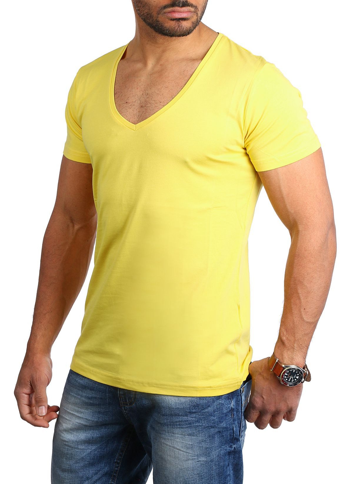 Young & Rich T-Shirt Herren Uni Basic extra tiefer Ausschnitt Unterziehshirt 1315 V-Ausschnitt unifarben kurzarm slim fit