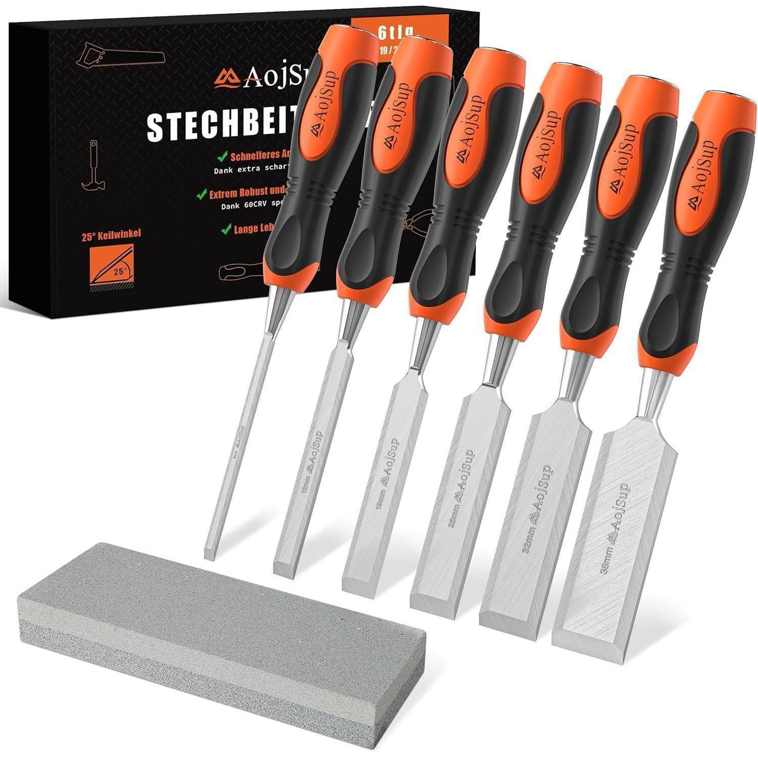 LuxusKollektion Stechbeitel Stechbeitel Set Holz 6tlg Schleifstein Schlagkappe 6tlg. Stechbeitel