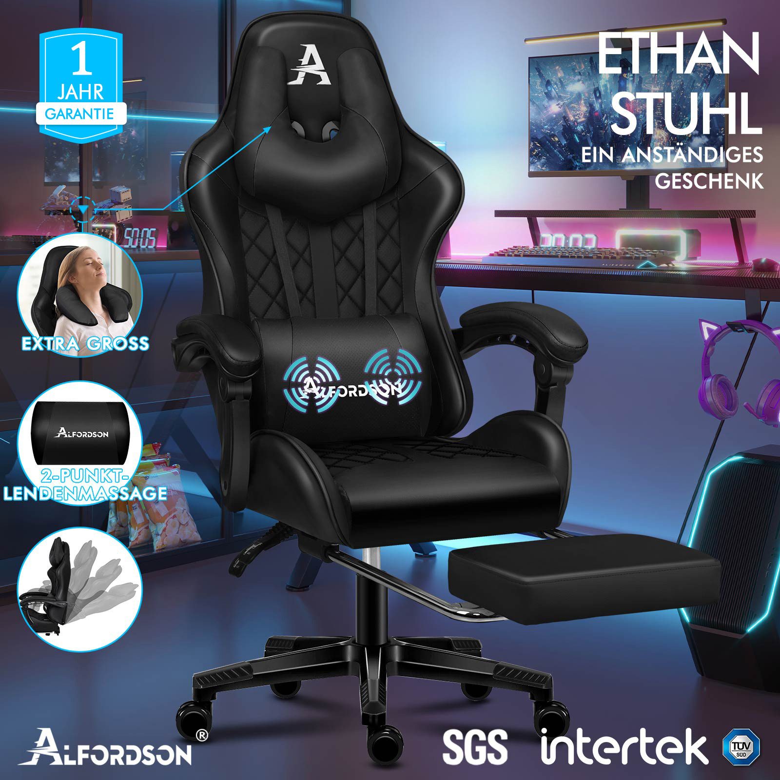 ALFORDSON Gaming-Stuhl Bürostuhl, Integrierte Fußstütze, mit Lendenwirbelkissen, 150° Neigungsverstellung, PU-Ledersitz mit hoher Rückenlehne