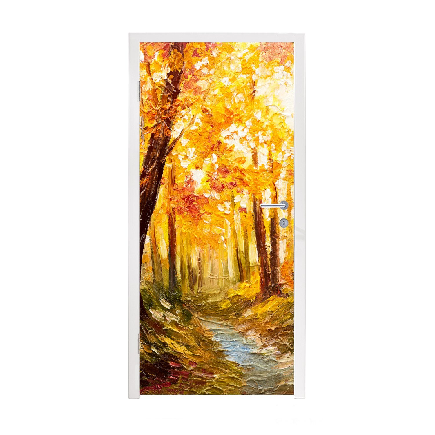 MuchoWow Türtapete Gemälde - Herbst - Wald - Ölgemälde, Matt, bedruckt, (1 St), Fototapete für Tür, Türaufkleber, 75x205 cm