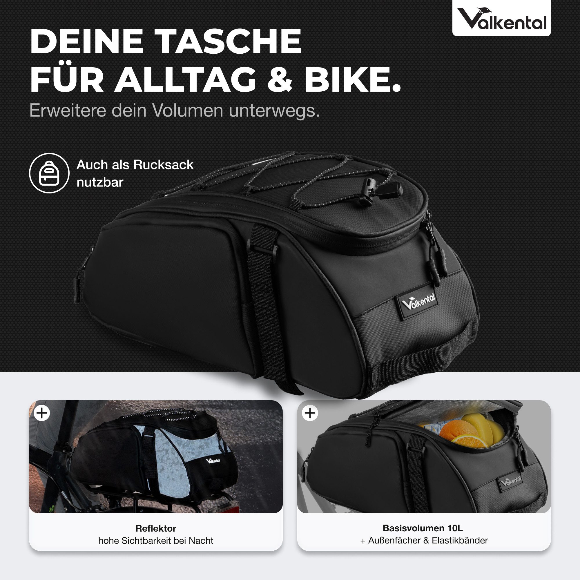 Valkental Gepäckträgertasche 3in1 Fahrradtasche Trunk Bag (mit Rucksackfunktion, und Tragegriff), wasserfest & reflektierend, 10L