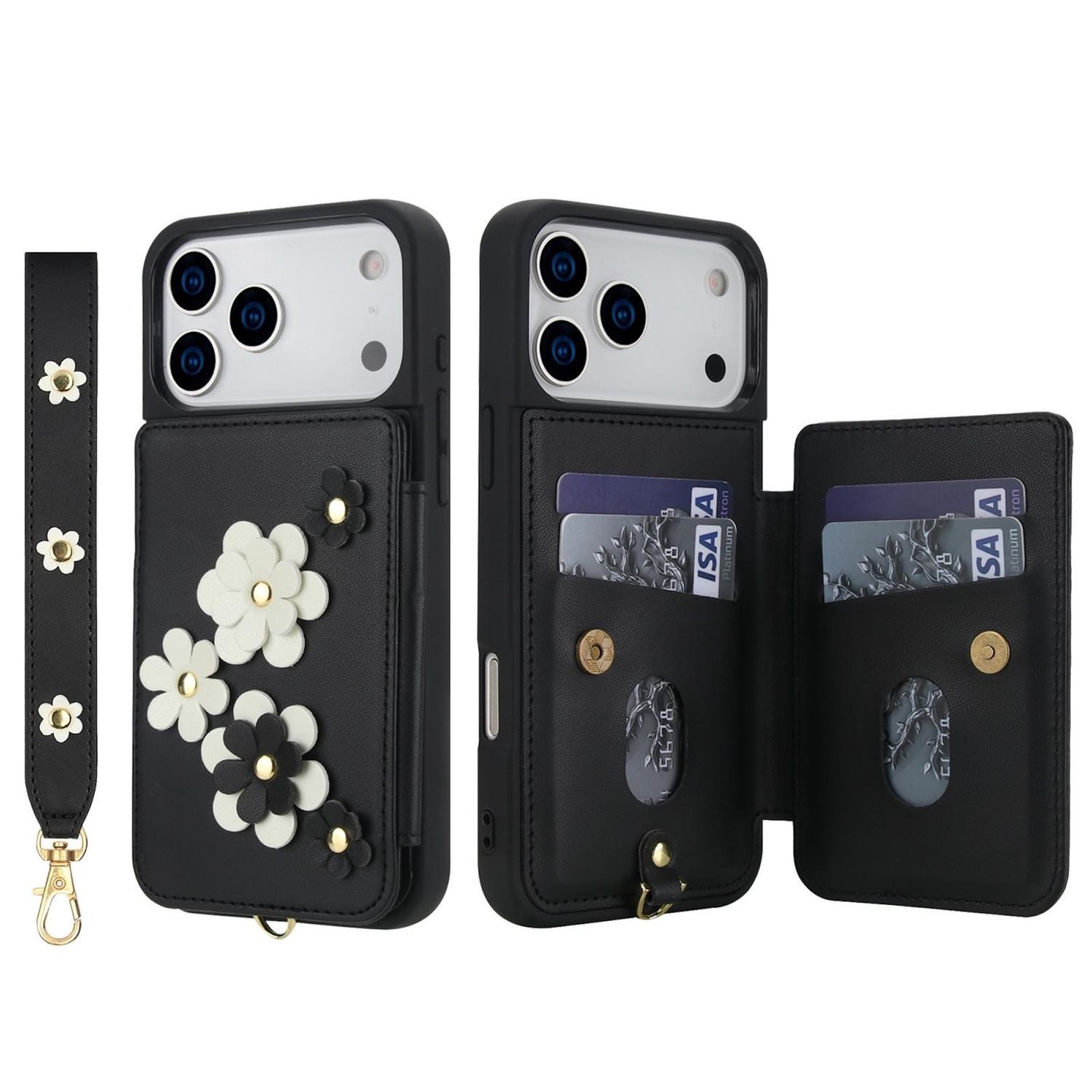 Wigento Handyhülle Für Apple iPhone 17 Pro Crossbody Kunstleder Blumen Hülle Schwarz, Mit Kartenfächern, Gurt, Kickstand-Funktion