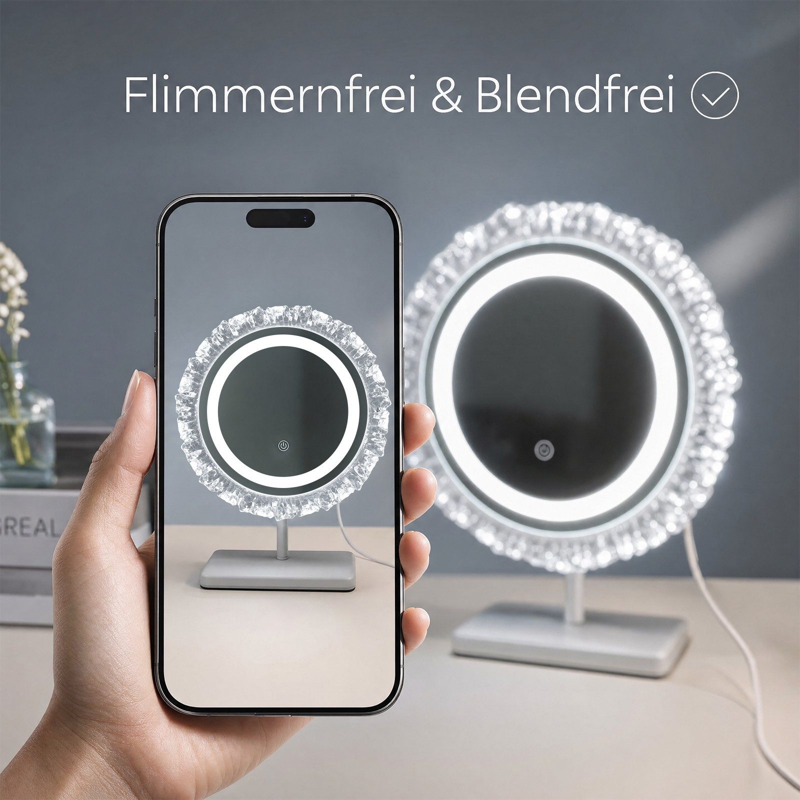 ZMH Schminkspiegel rund mit LED-Beleuchtung, 3 Lichtfarben, dimmbar, Touch-Steuerung (1-St), rund 30 × 38 cm, Memory-Funktion – Bild 4 von 5