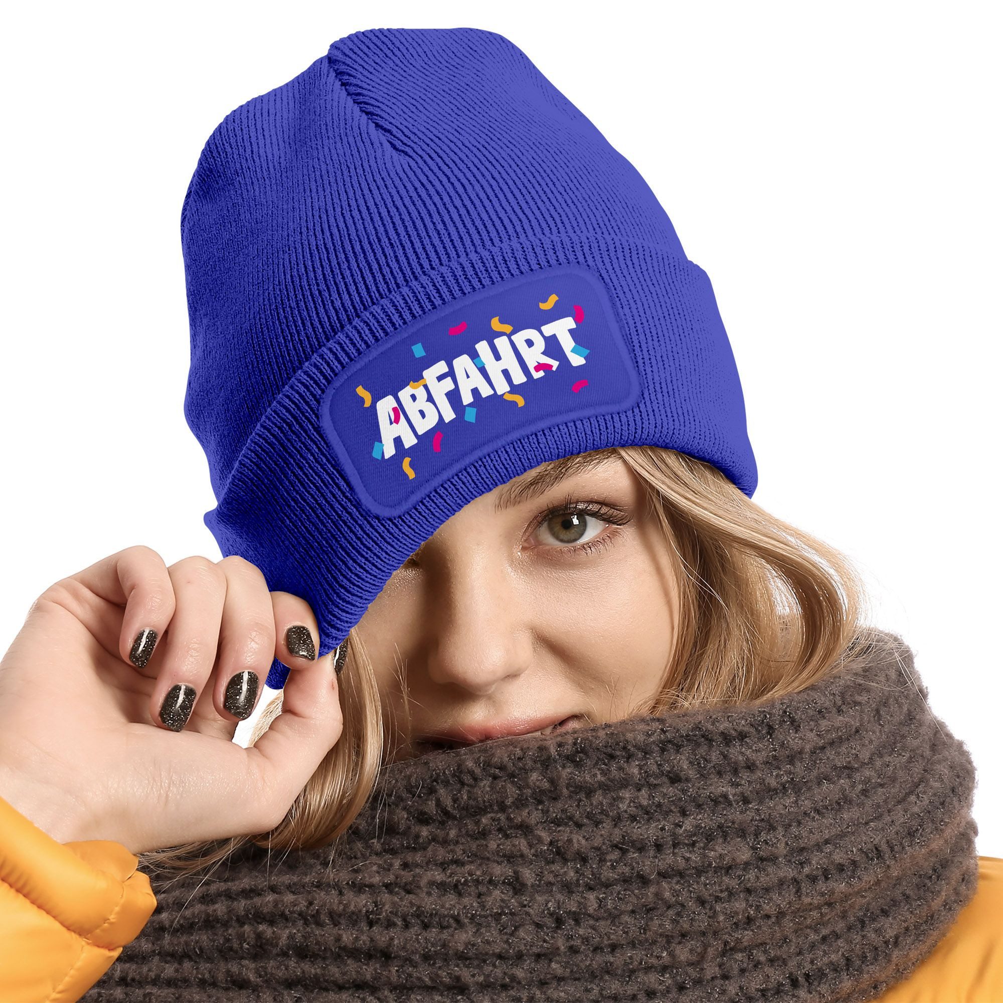 MoonWorks Strickmütze Damen Beanie mit Patch Strickmütze mit Spruch Aufdruck Lustig