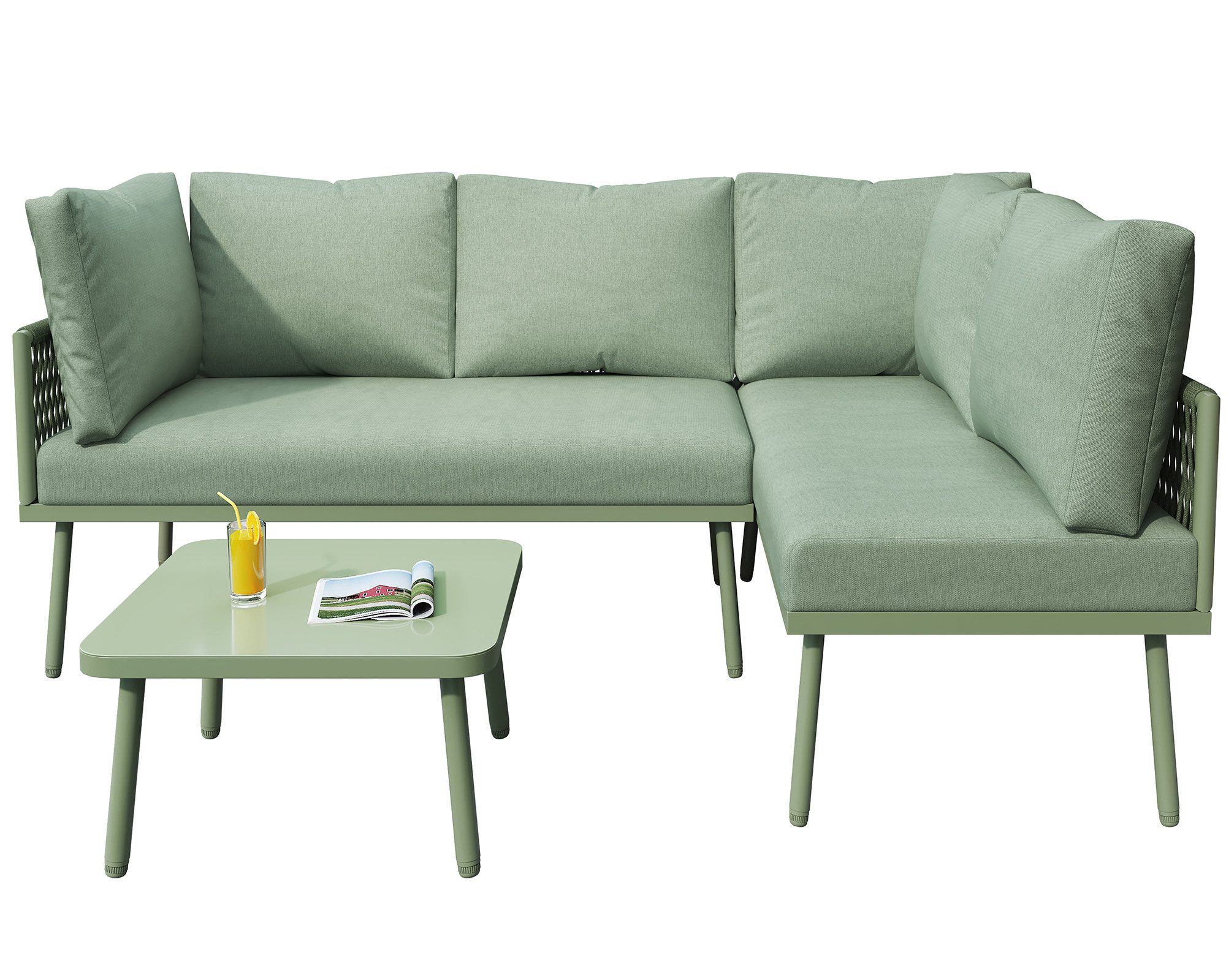KLAM HOME Gartenlounge-Set aus grauem Seil handgefertigt mit Sitzkissen für 4 Personen, (3tlg., 2 Sofas 1 Tisch), Verstellbaren Füßen für Outdoor Terrasse Balkon Garten Indoor
