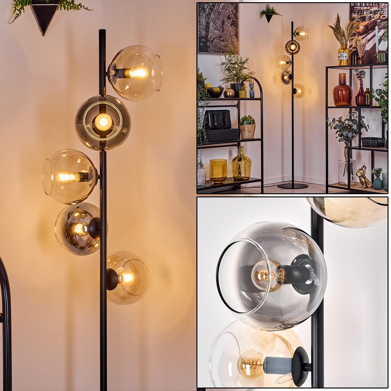 Stehlampe Stehlampe aus Metall/Glas, Schwarz/Bernstein/Rauch/Klar, Retro-Design