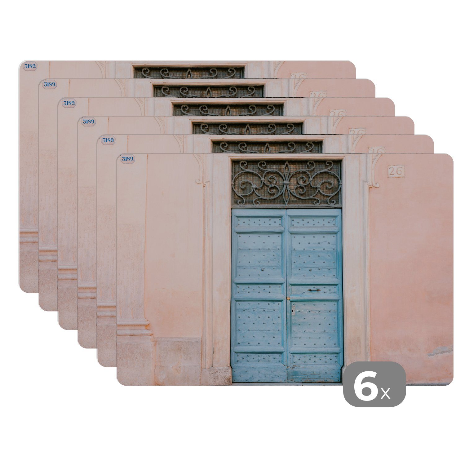 Platzset, Tür - Rom - Blau - Architektur, MuchoWow, (6-St), Platzset, Platzdecken, Platzmatte, Tischmatten, Schmutzabweisend