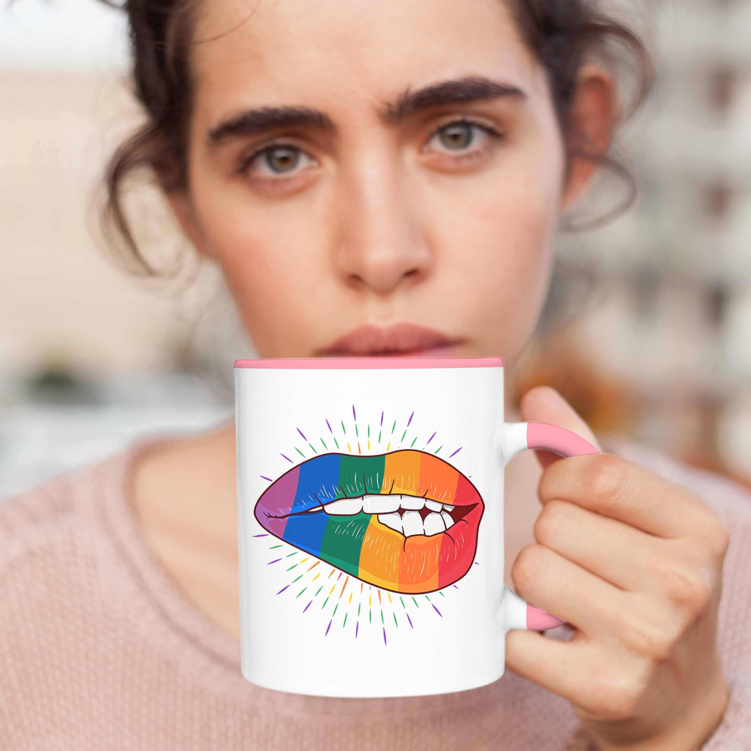 Transgender Rosa Tasse Regenbogen Lippe Lustige Lesben - Grafik Geschenk Trendation Regenbogen Trendation Bunte Tasse LGBT Schwule für