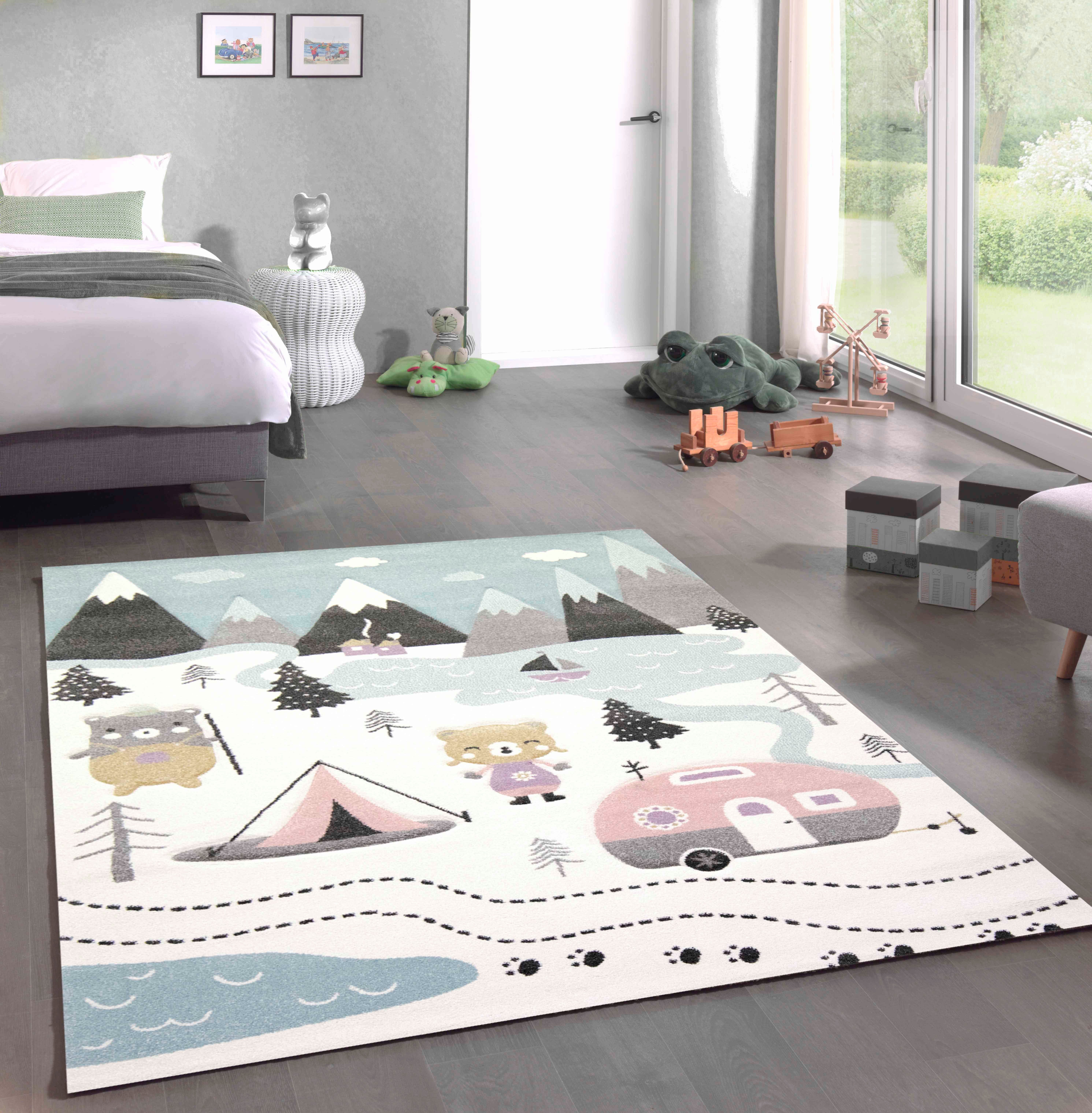 Kinderteppich Spielteppich Kinderzimmer Teppich Camping Zelt Bären creme pink grau