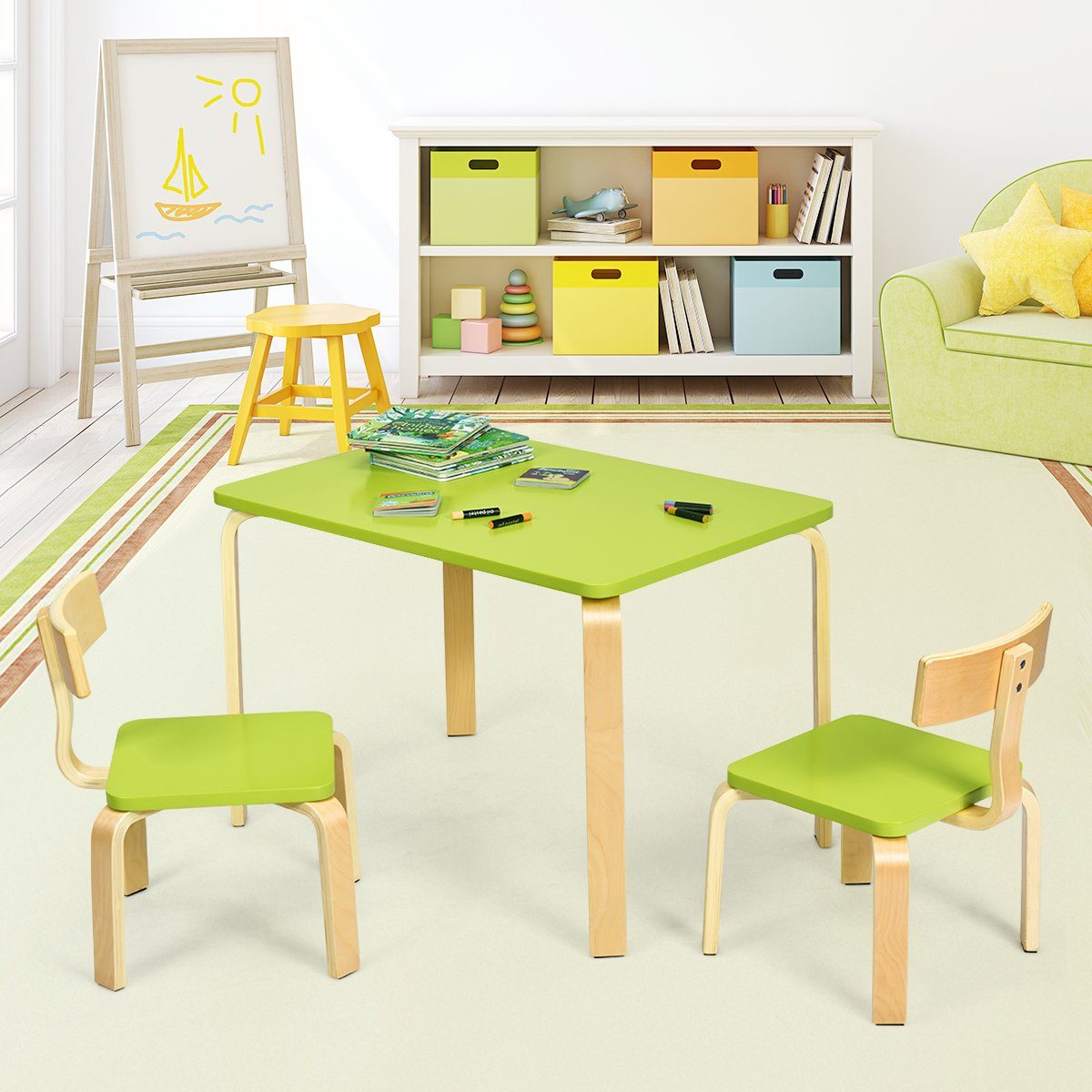 Holz 2 Kindersitzgruppe, Kinderstühlen, Kindertisch Grün COSTWAY mit
