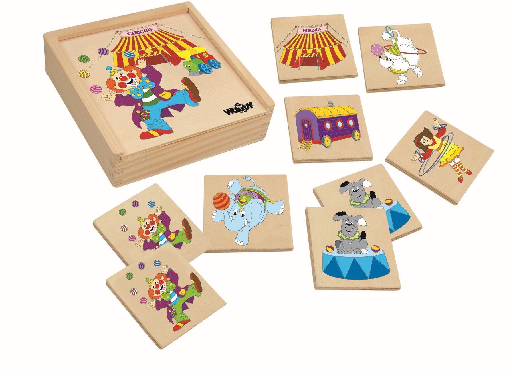 Woodyland Lernspielzeug Holz - Puzzle / Match a Pair / Memory mit Zirkus - Motiven. 36 tlg, Memorie mit Motiven zum Thema Zirkus