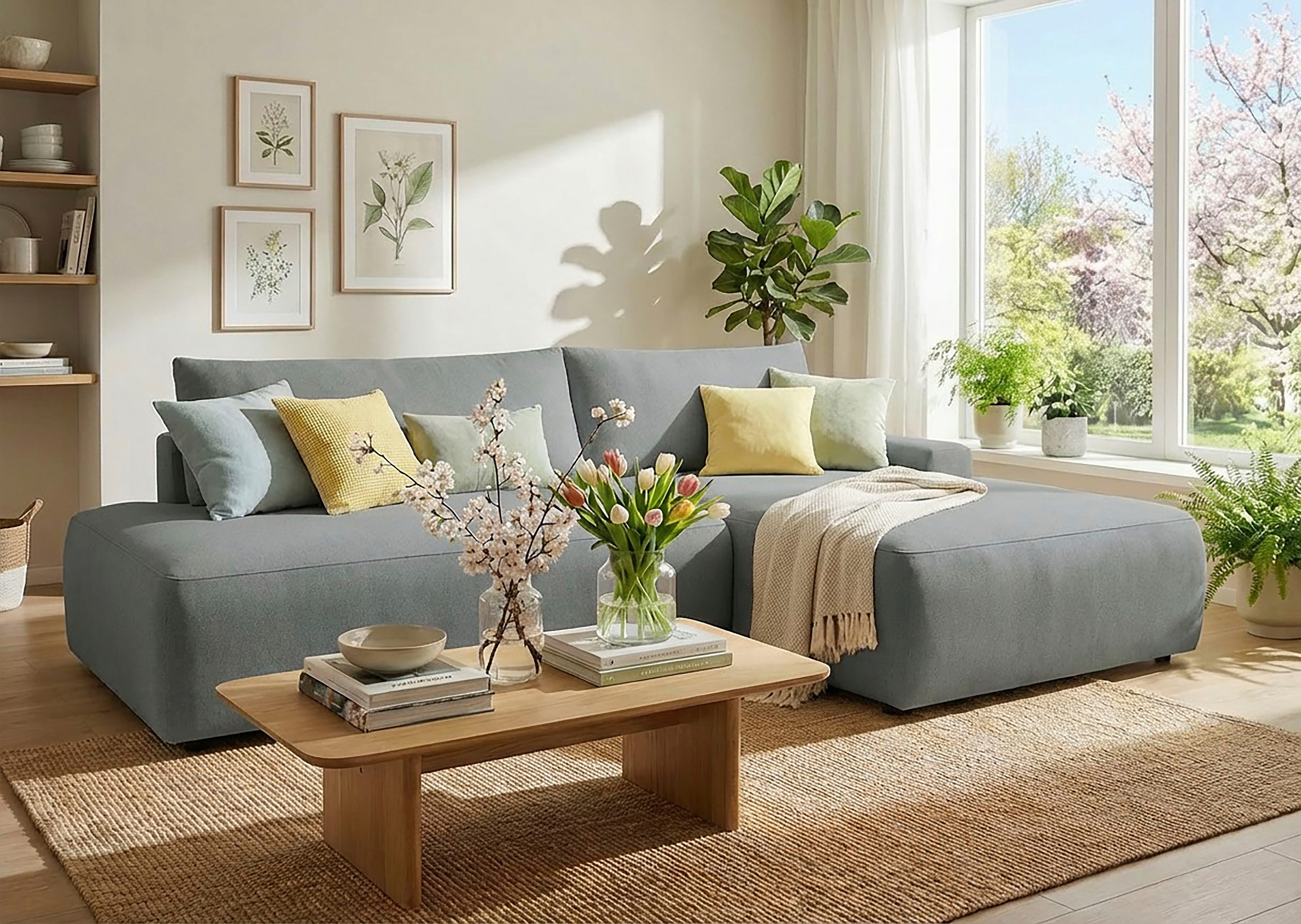 TRENDMANUFAKTUR Ecksofa Prag, Schlafsofa mit Bettkasten, Couch in L-Form, Breite 253 cm, in feinem Strukturstoff, grau, Recamiere rechts